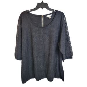 CJ‎ Banks Black Embroidered Textured Semi-Sheer 3/4 Sleeve Top Women's Size 3X